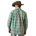 Person wearing a plaid shirt and cowboy hat on a white background