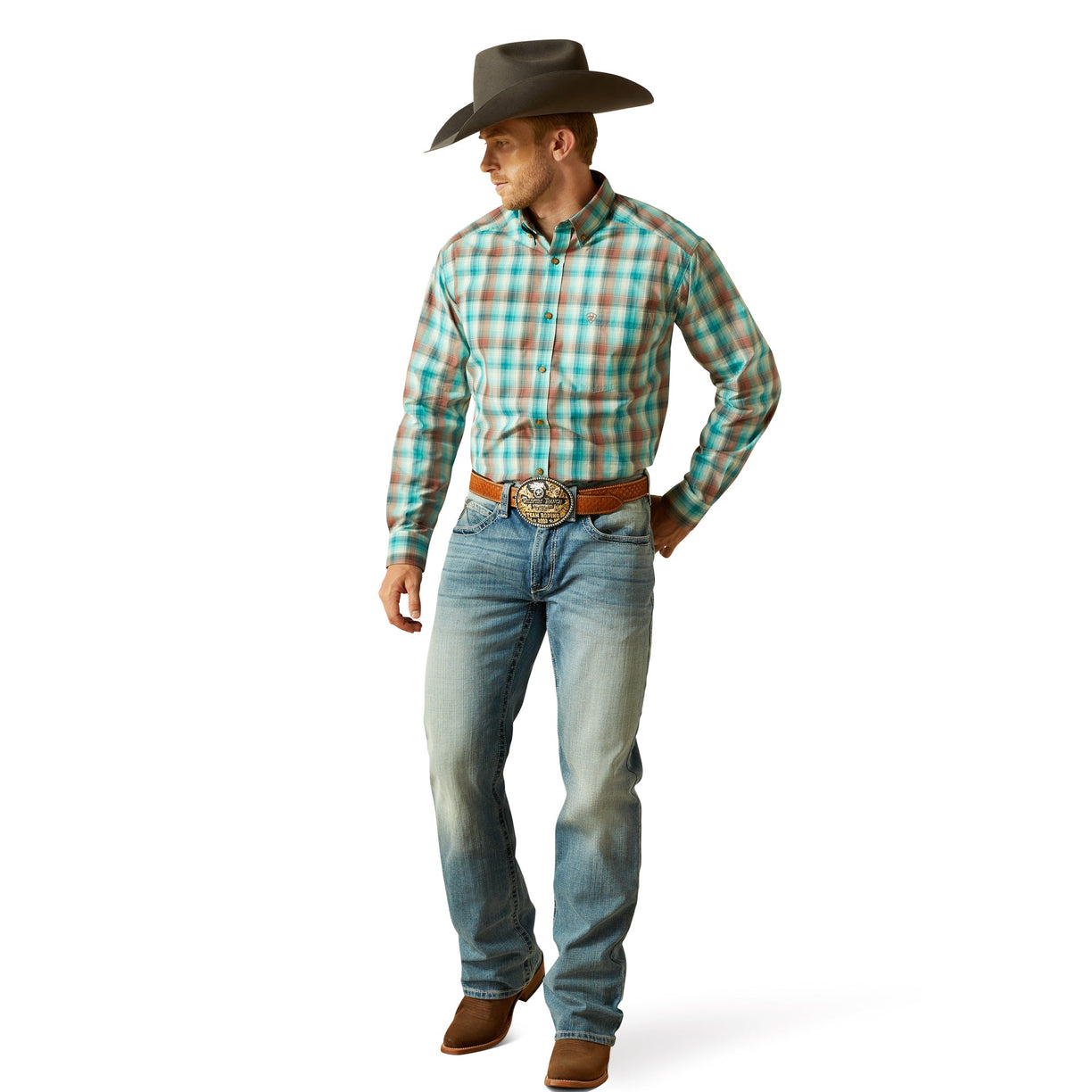 Man wearing a plaid shirt, jeans, and cowboy hat on a white background