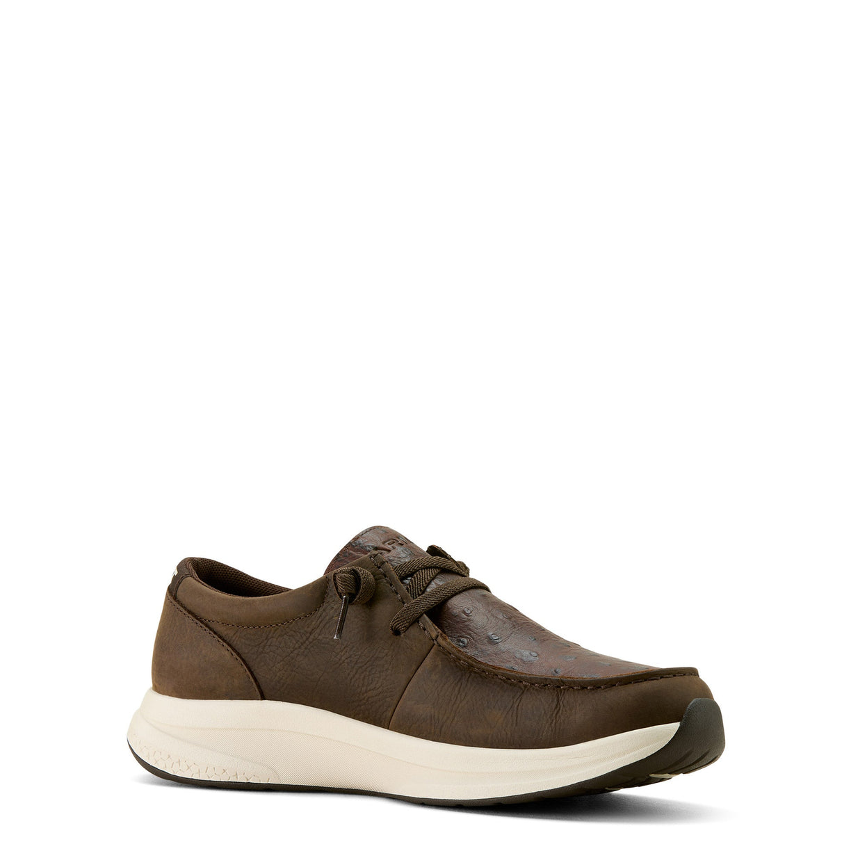 Ariat Men's Buckeye Waterproof Shoe in dark brown leather with full quill ostrich print - Front