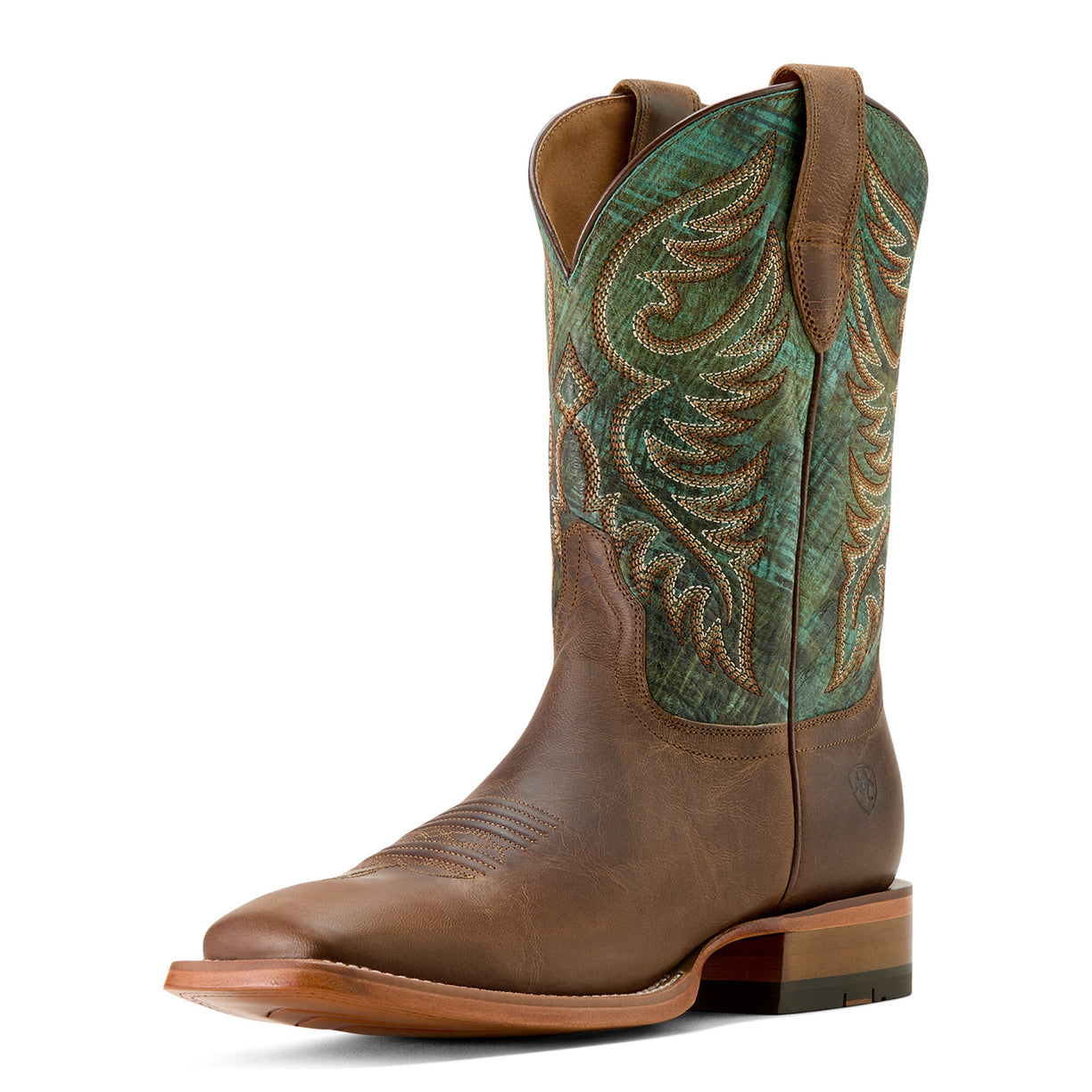 Brown and green cowboy boot with intricate design on a white background