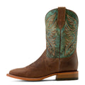 Brown cowboy boot with green embroidered pattern on a white background