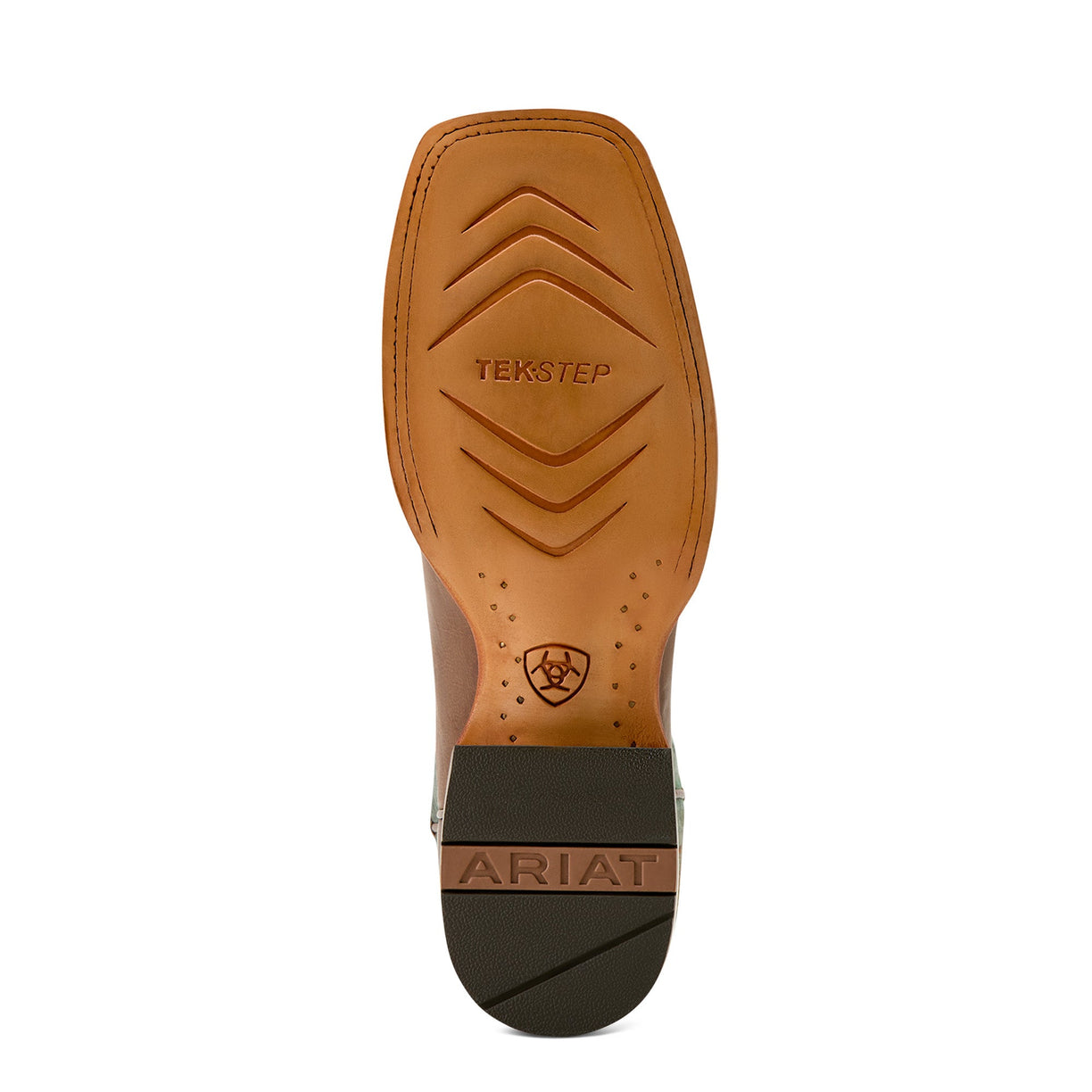 Close-up of a boot sole with 'TekStep' and 'Ariat' branding on a white background