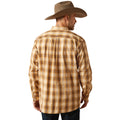Man wearing a brown plaid shirt and cowboy hat on a white background