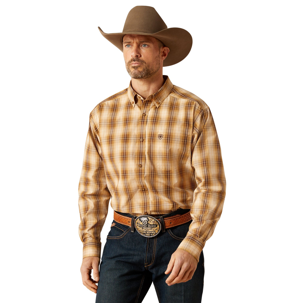 Man wearing a plaid shirt, cowboy hat, and jeans on a white background