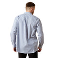 Man wearing a blue and white checkered shirt on a white background