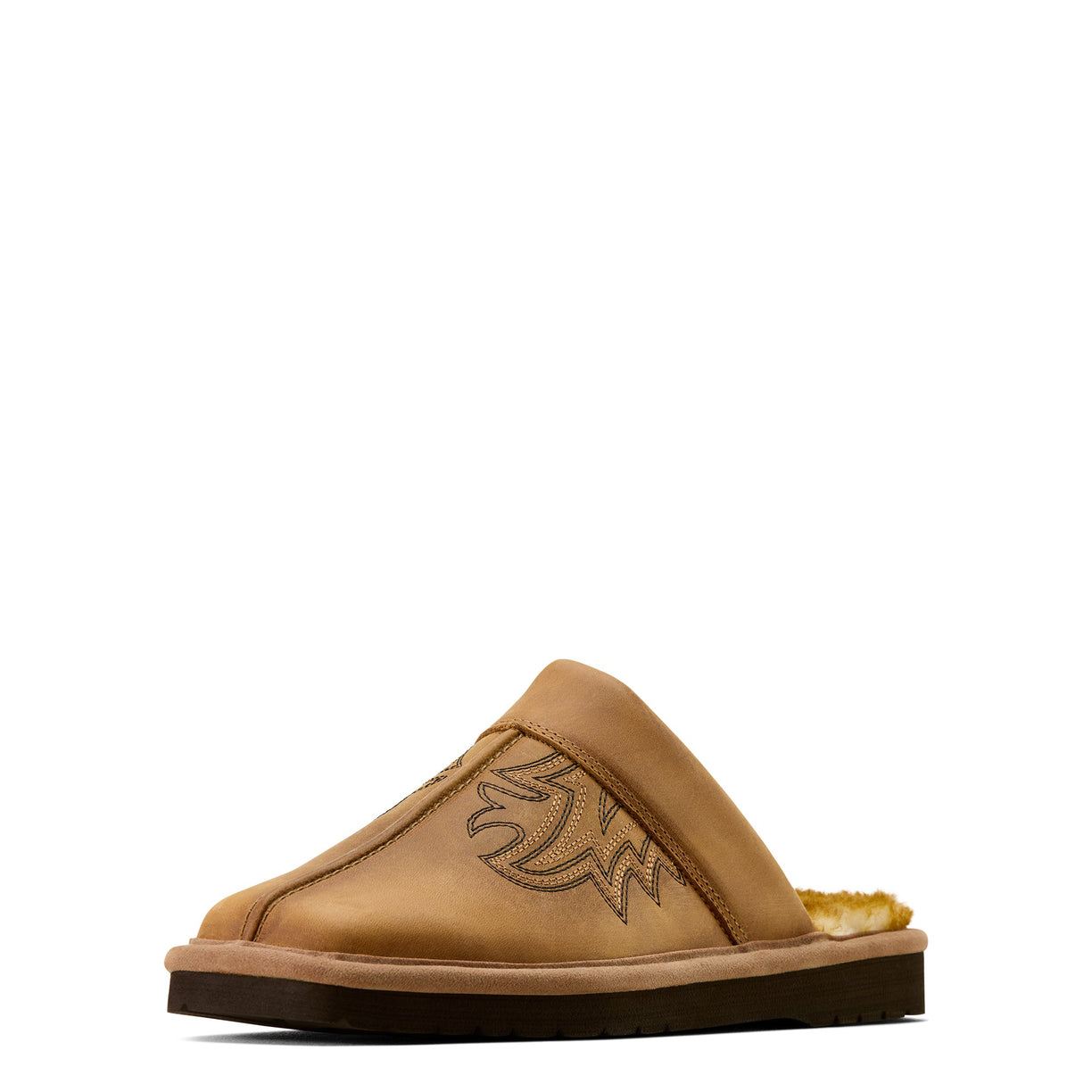 Tan slipper with a logo on a white background