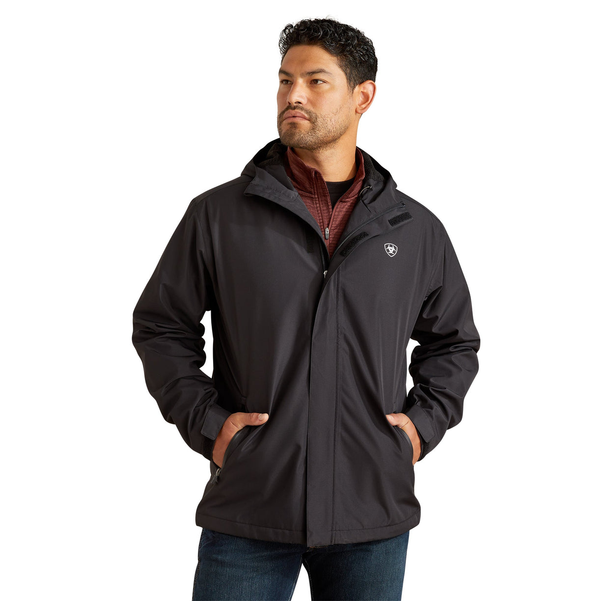 Man wearing a black jacket on a white background