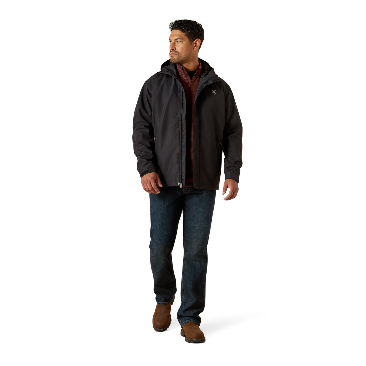 Man wearing a black jacket on a white background