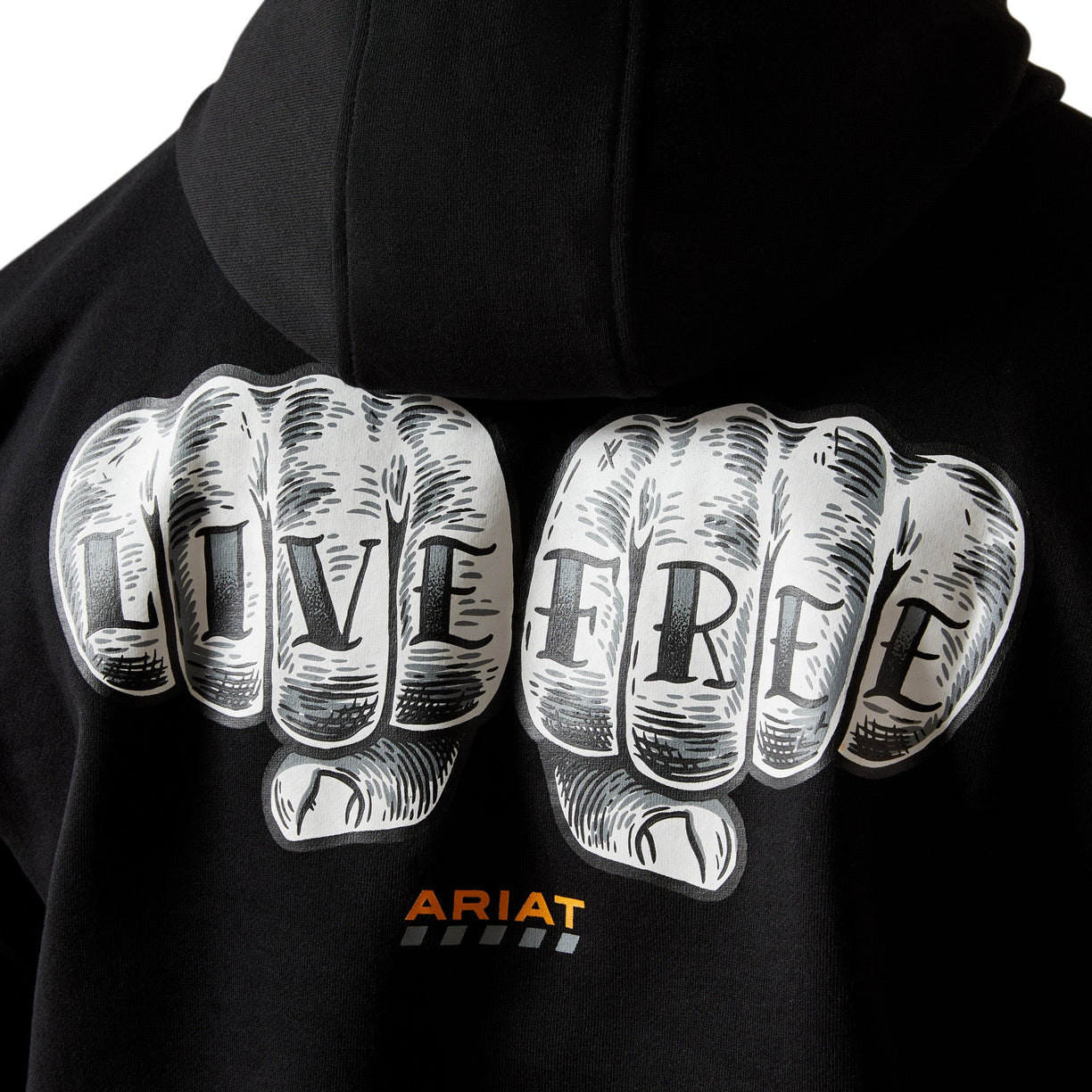 Black hoodie with a graphic of two fists with 'LIVE FREE' text and Ariat logo.
