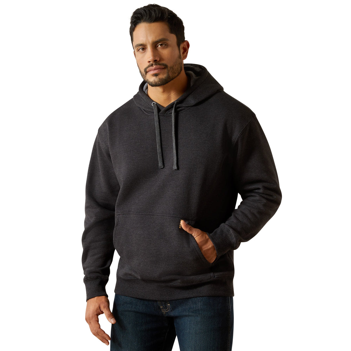 Man wearing a dark gray hoodie on a white background