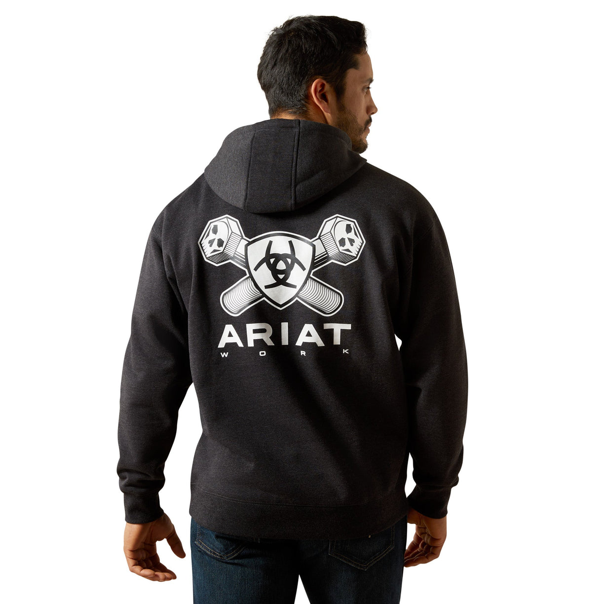 Person wearing a black hoodie with Ariat logo on the back