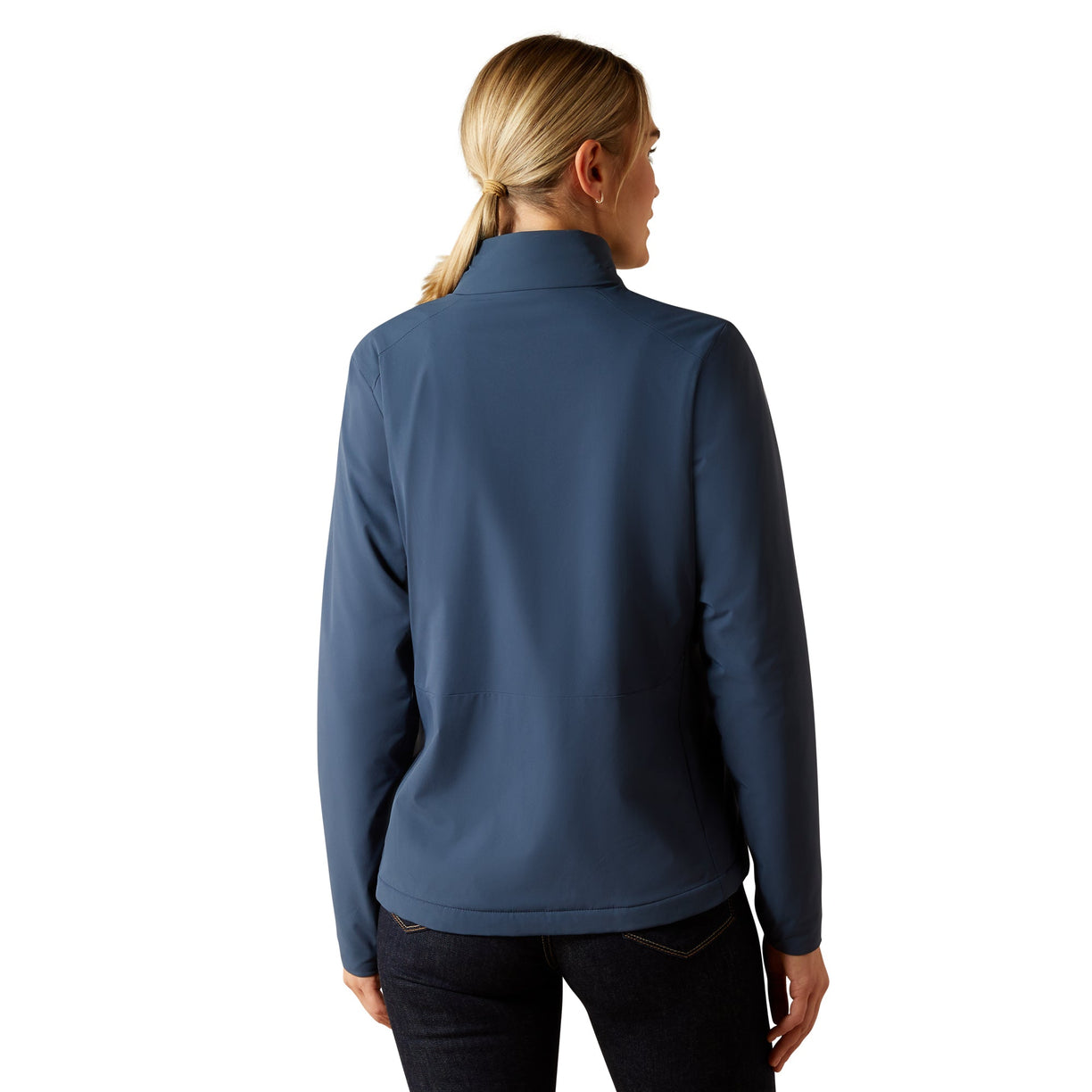 Woman wearing a blue jacket on a white background