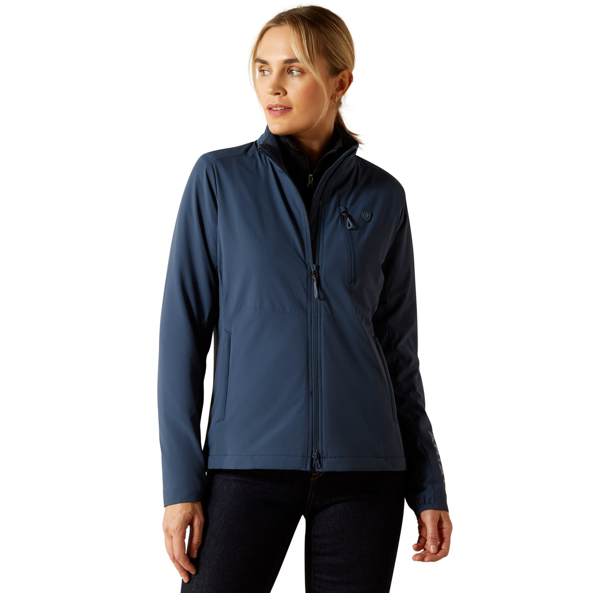 Woman wearing a blue jacket on a white background