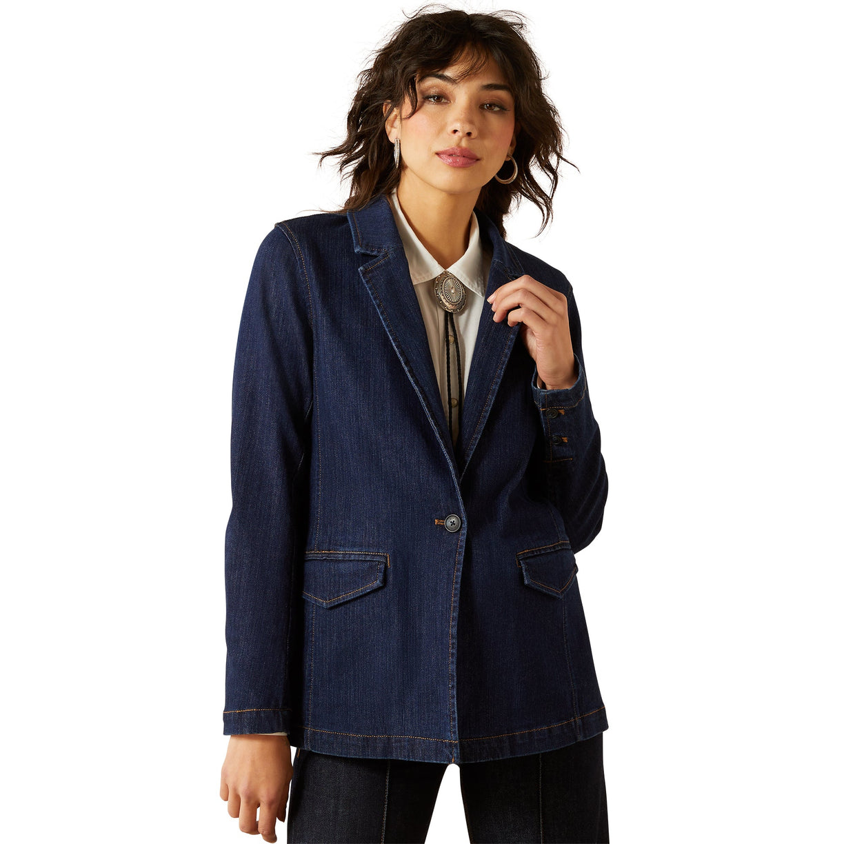 Woman wearing a blue denim jacket on a white background
