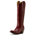 Red cowboy boot with a textured pattern on a white background