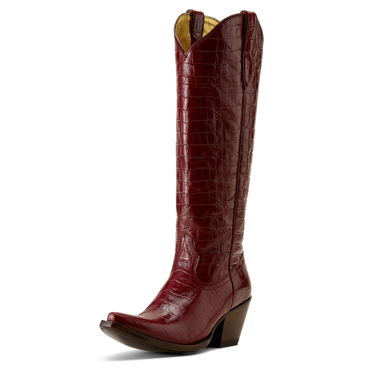Red cowboy boot with a textured pattern on a white background