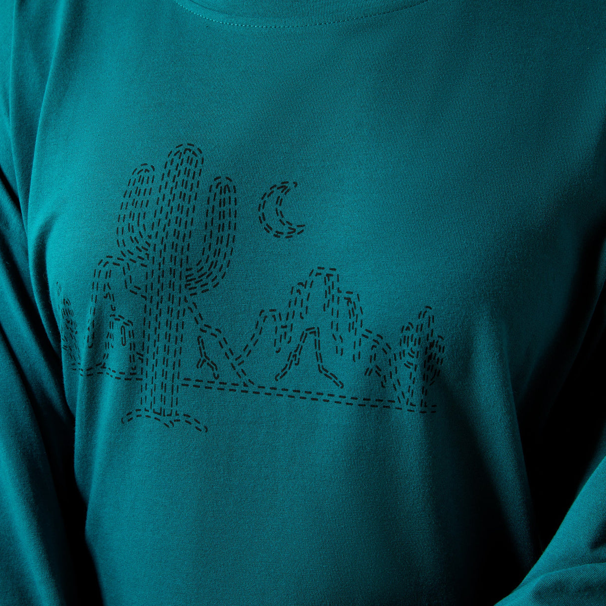 Teal long-sleeve shirt with a black cactus design on a matching teal background