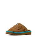 Brown slipper with blue sole on a white background