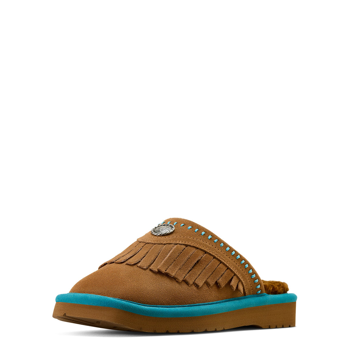 Brown slipper with blue sole on a white background
