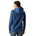 Person wearing a blue hoodie from behind on a white background