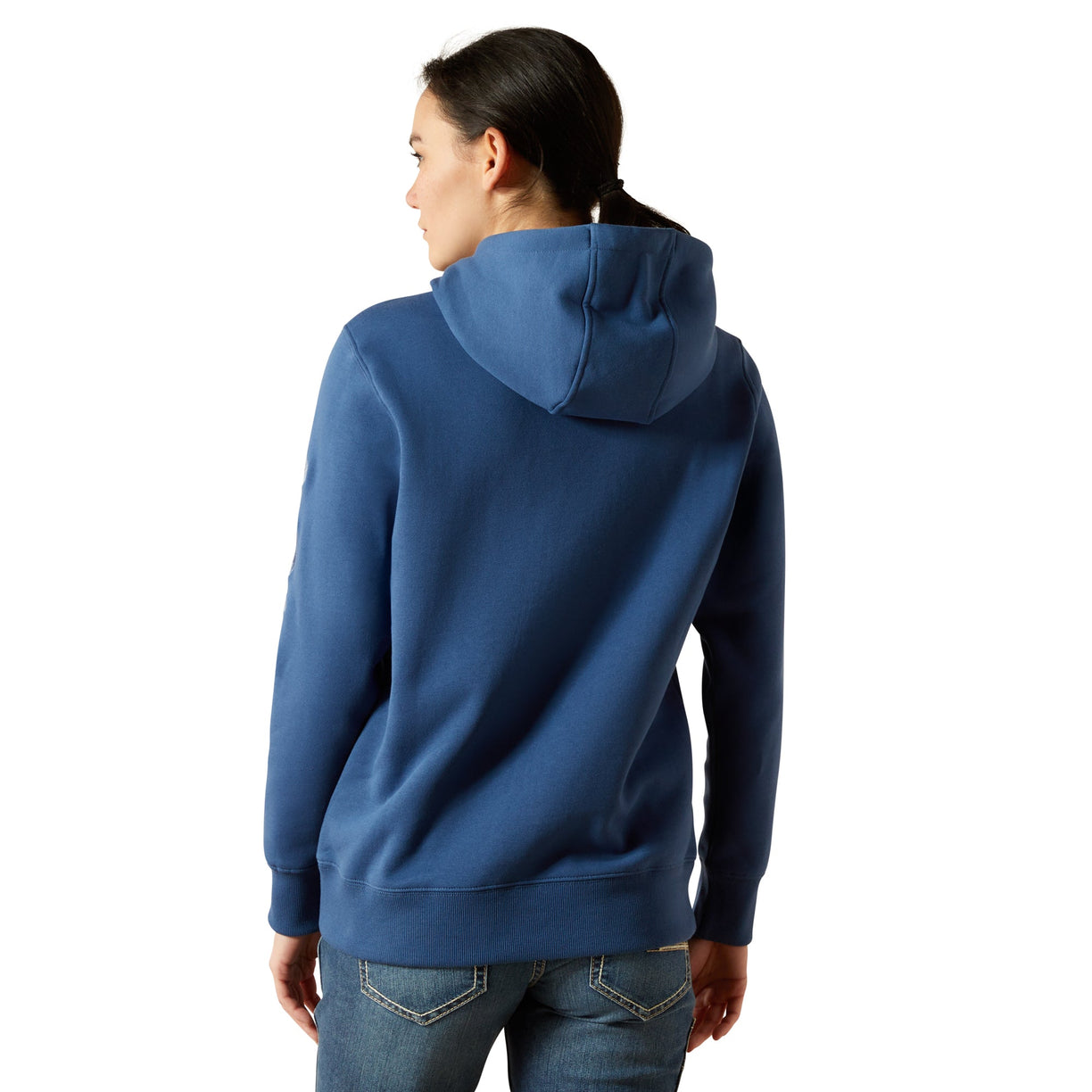 Person wearing a blue hoodie from behind on a white background