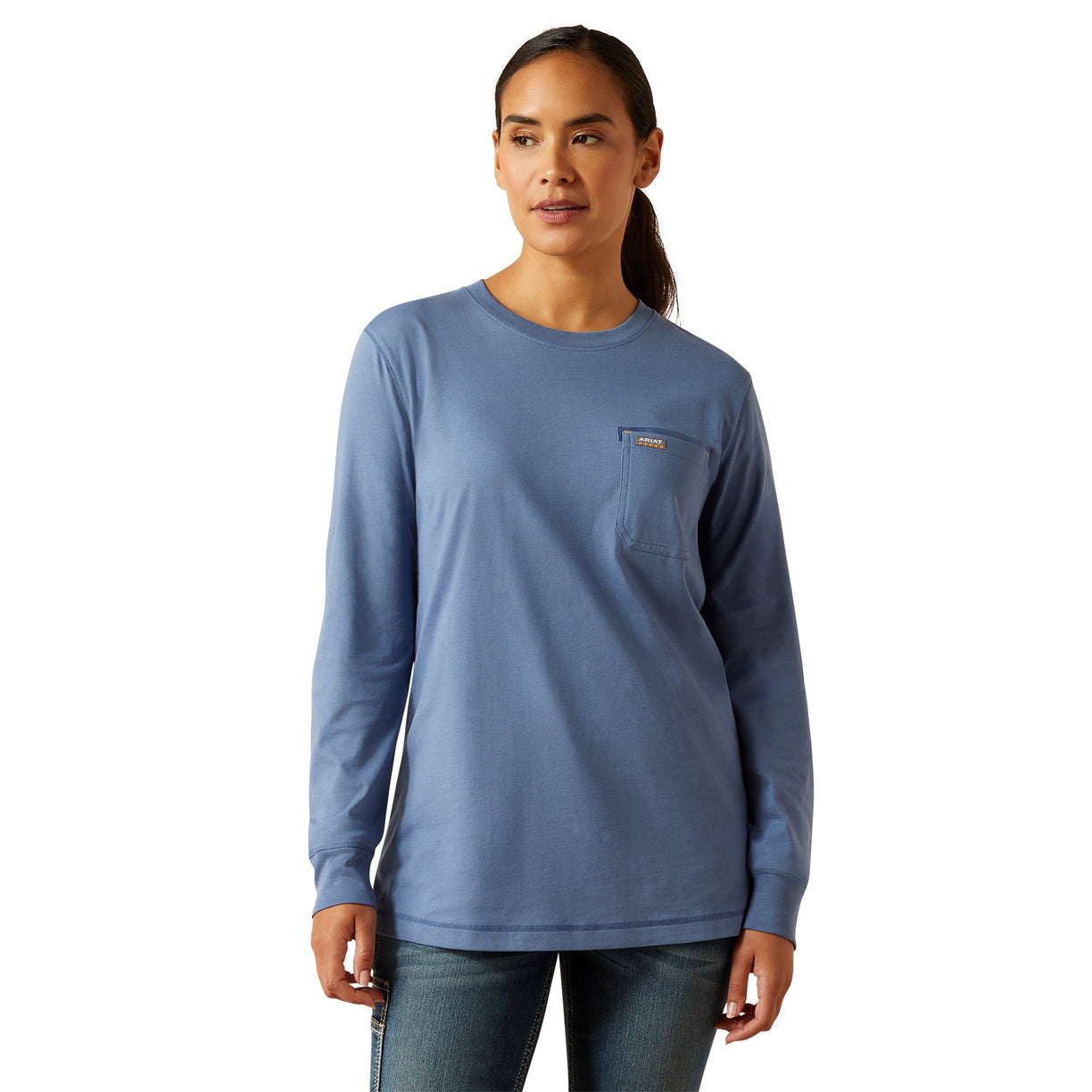 Woman wearing a blue long-sleeve shirt with a logo on a white background