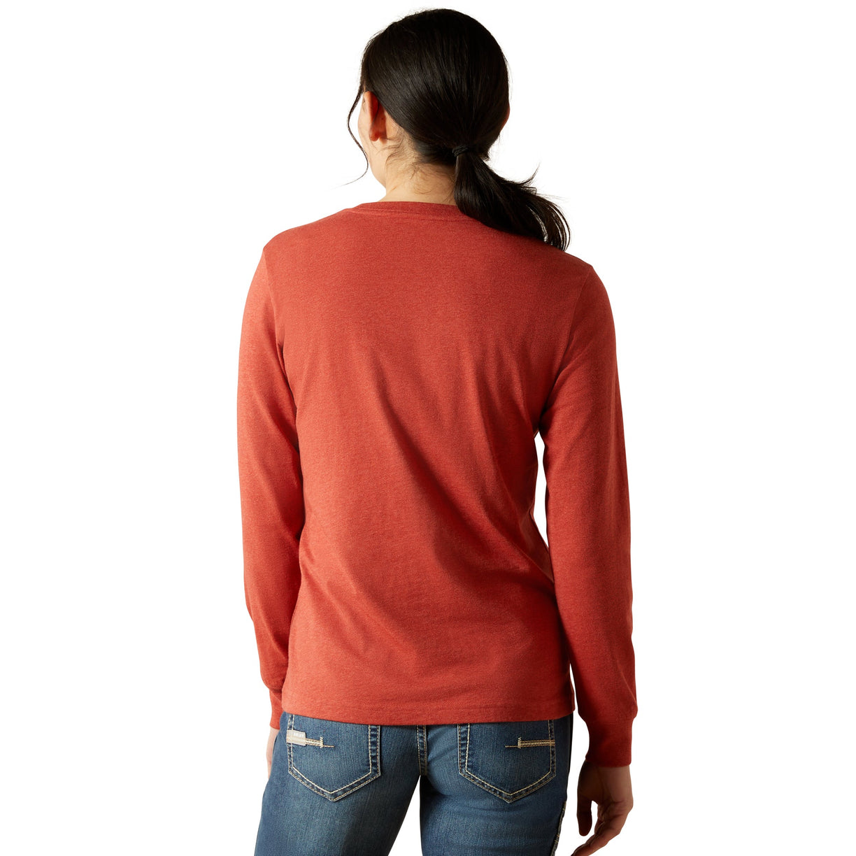 Person wearing a red long-sleeve shirt and blue jeans on a white background