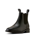 A single black leather Chelsea boot with a low block heel, elastic side gore, and pull tabs, shown from a side profile on a white background.