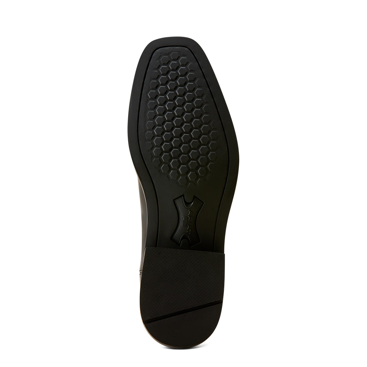 Black shoe sole with green tread pattern on a light gray background