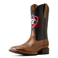 Brown and black cowboy boot with a logo on a white background