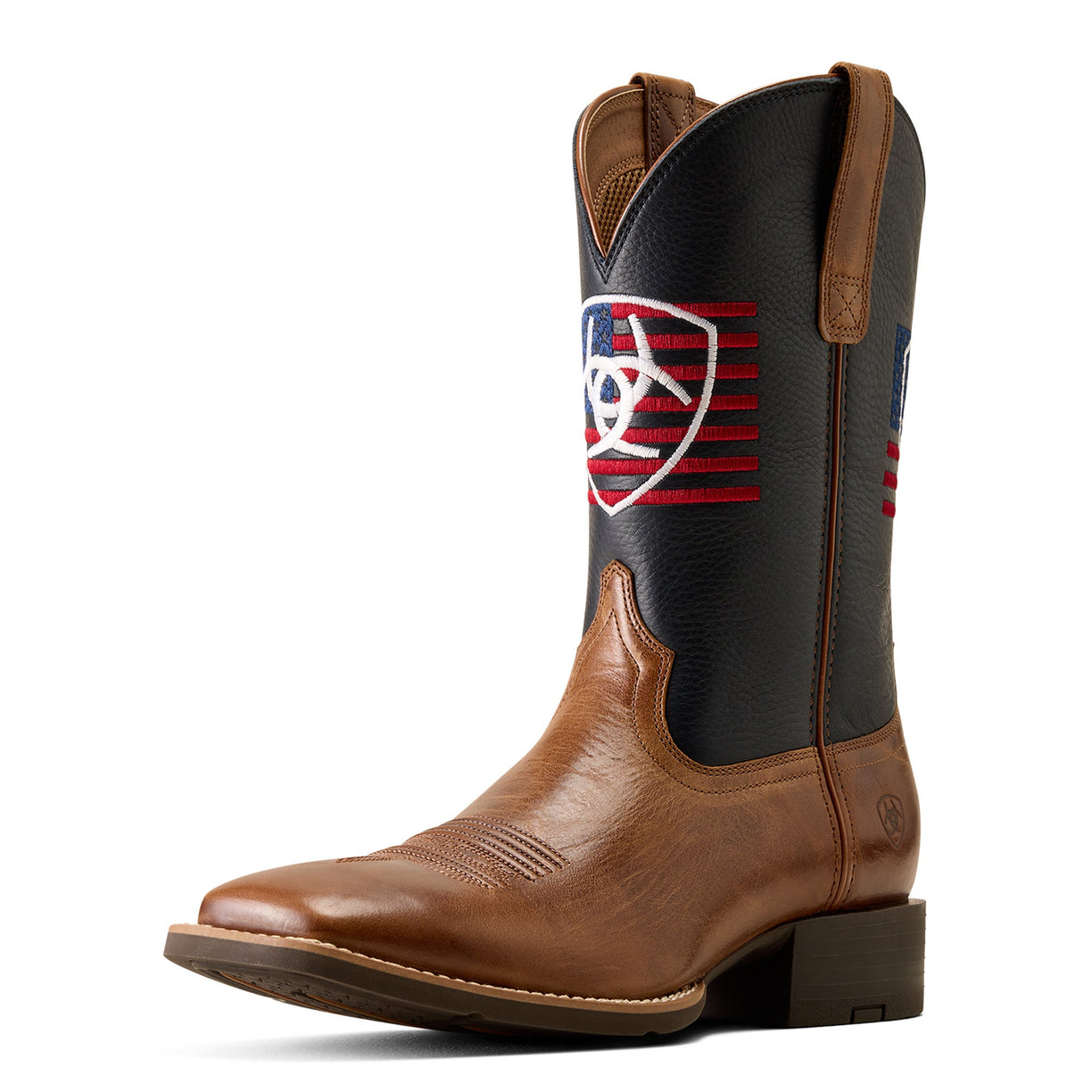 Brown and black cowboy boot with a logo on a white background