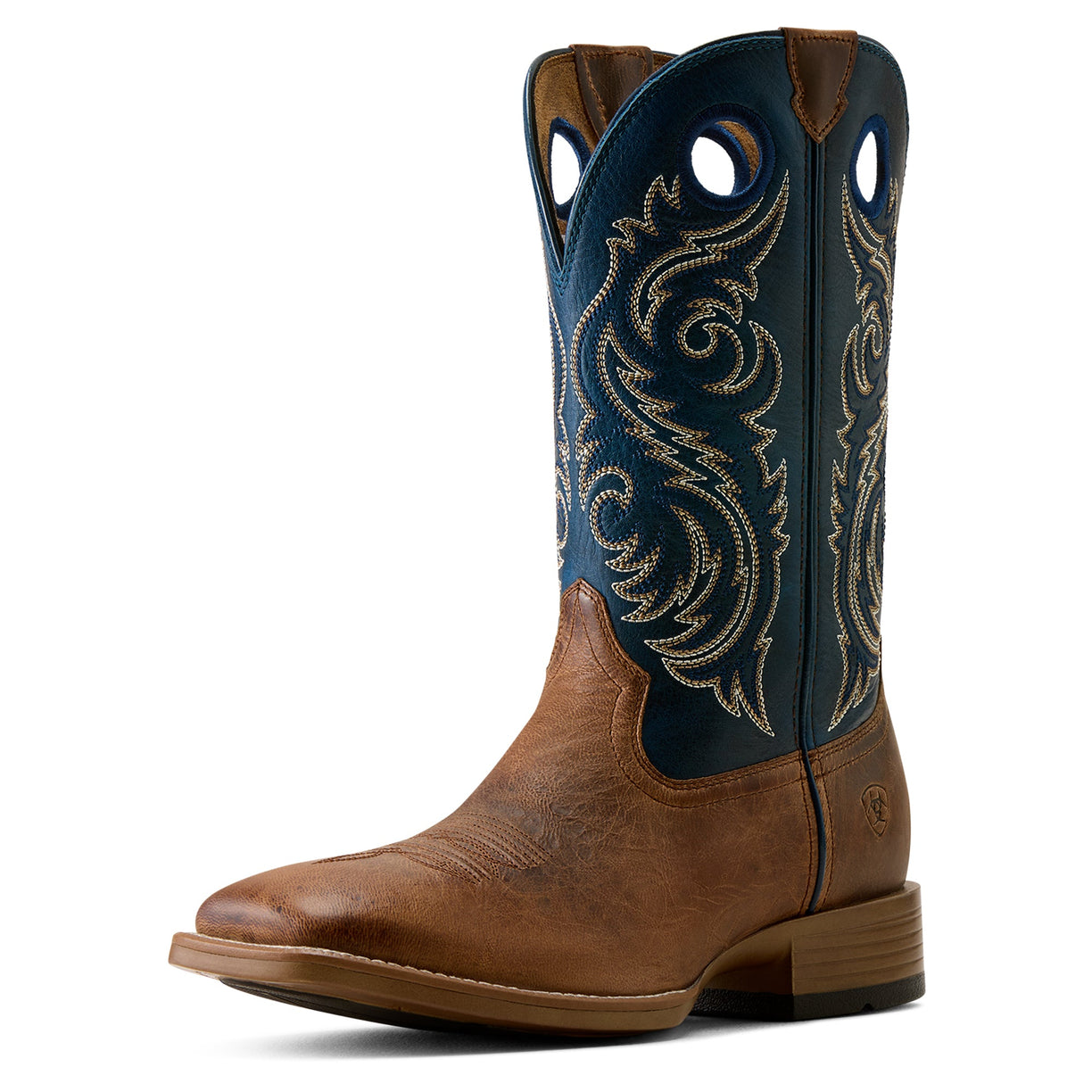 A single western cowboy boot shown in a side profile on a white background. The boot features a medium brown leather lower body and a dark navy blue shaft with intricate light tan embroidery.