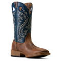 Brown cowboy boot with blue embroidered shaft on a white background