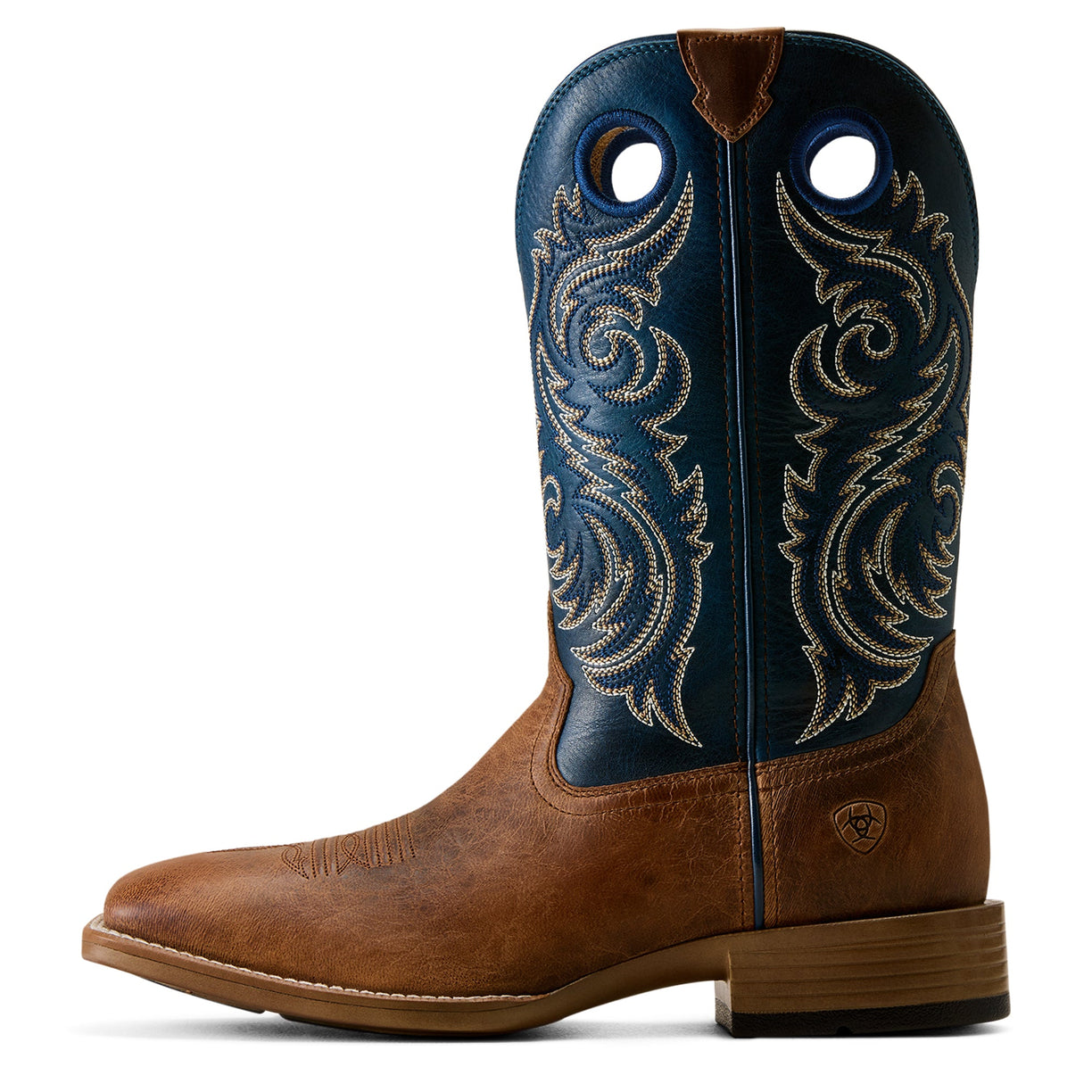 Brown cowboy boot with blue uppers and intricate stitching on a white background