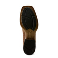 Close-up of a brown shoe sole with black tread pattern on a white background