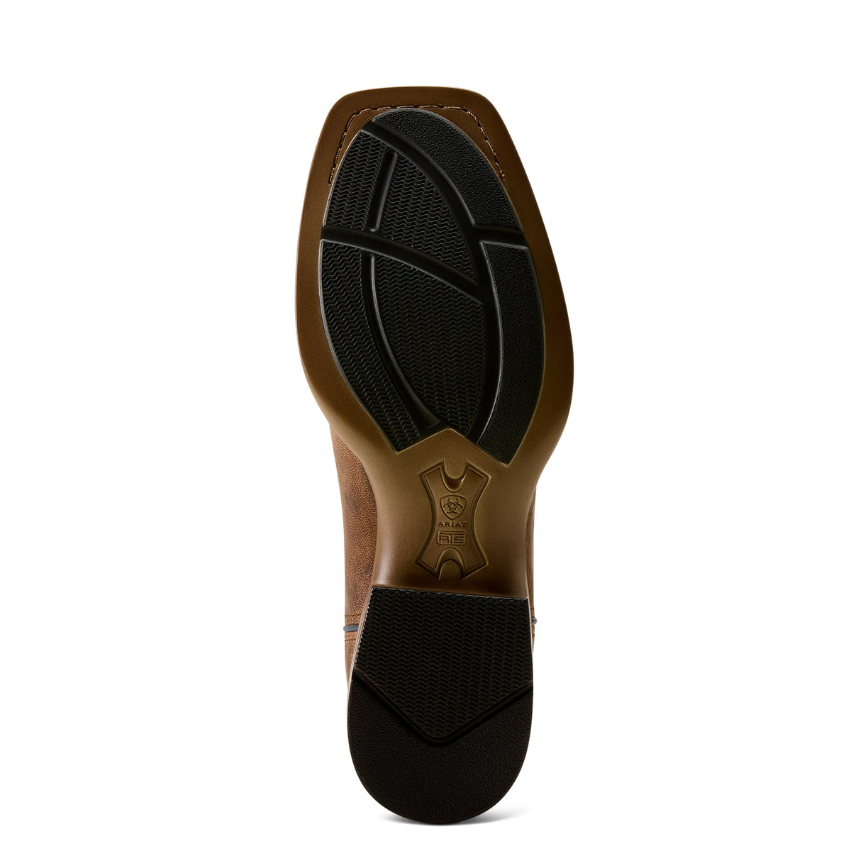 Close-up of a brown shoe sole with black tread pattern on a white background
