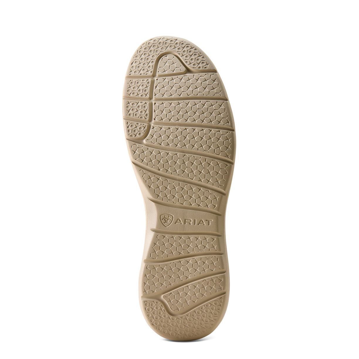 Grey and beige shoe sole with Ariat logo on a white background