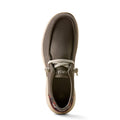 Grey boat shoe with white laces on a white background