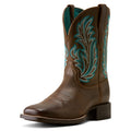 Brown cowboy boot with turquoise embroidery on a white background