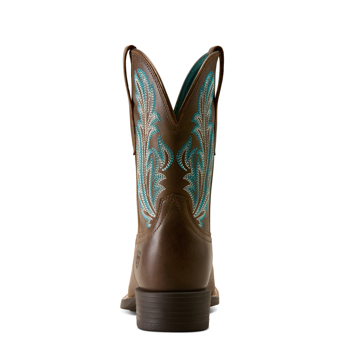 Brown cowboy boot with turquoise embroidery on a white background