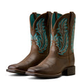 Brown cowboy boots with turquoise embroidery on a white background