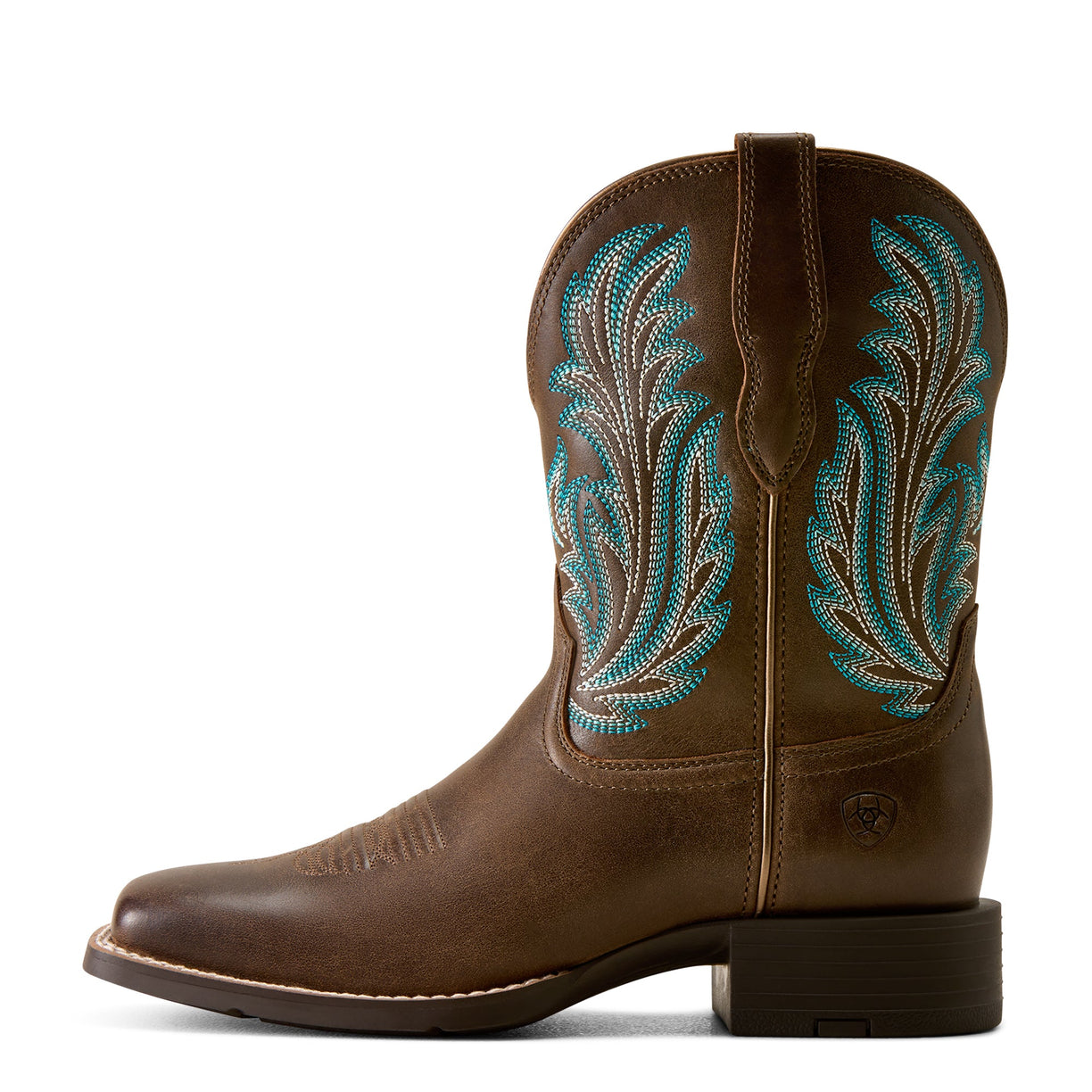 Brown cowboy boot with turquoise embroidery on a white background