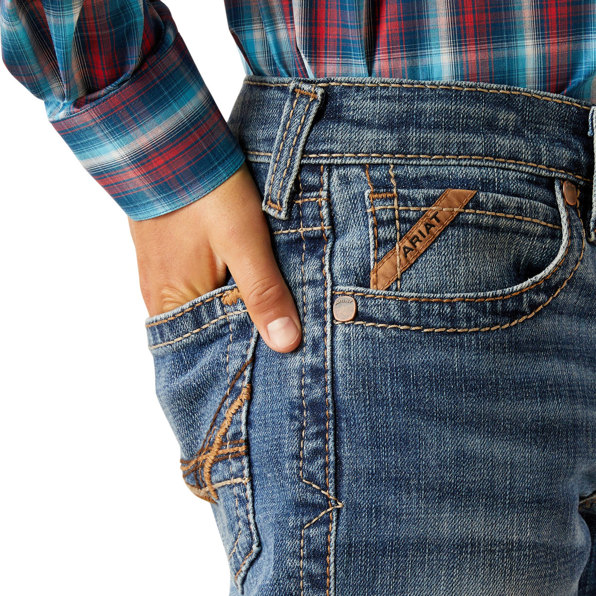 Ariat Kids' B5 Slim Bennet Straight Leg Jeans in blue denim - Detail