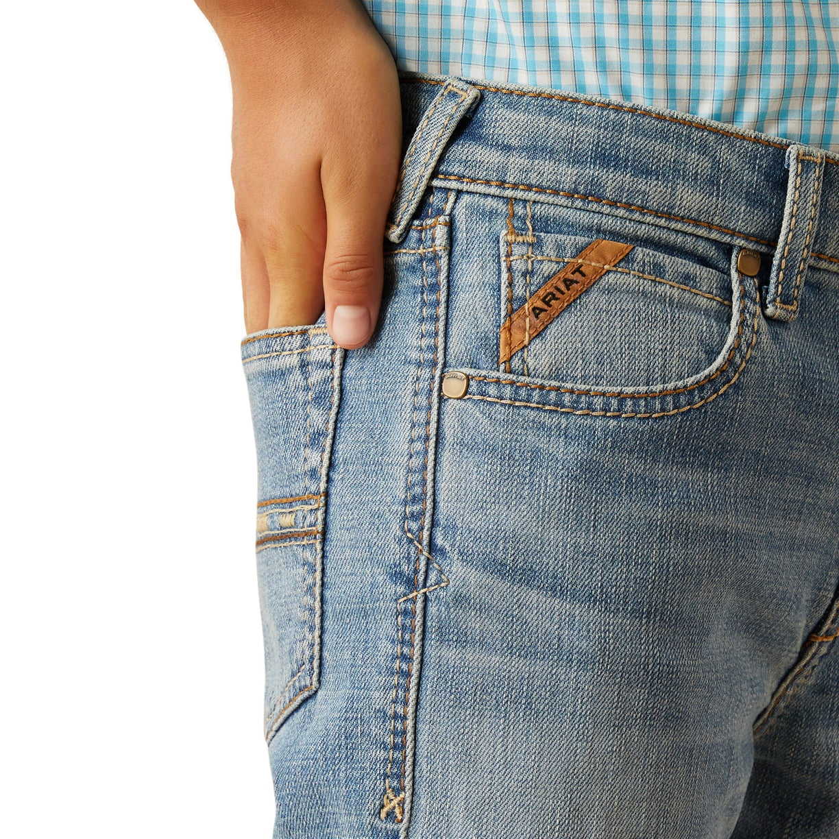 Ariat Kids B4 Relaxed Otis Boot Cut Jeans in blue denim - Pocket Detail