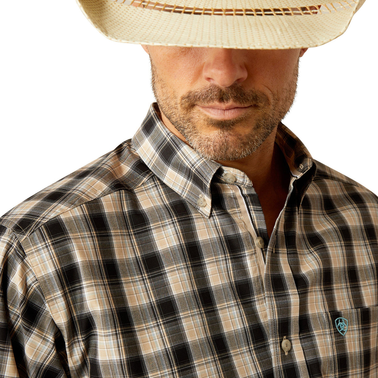 Ariat Men's Pro Series Garrett Classic Fit Shirt in beige and white pattern - Detail