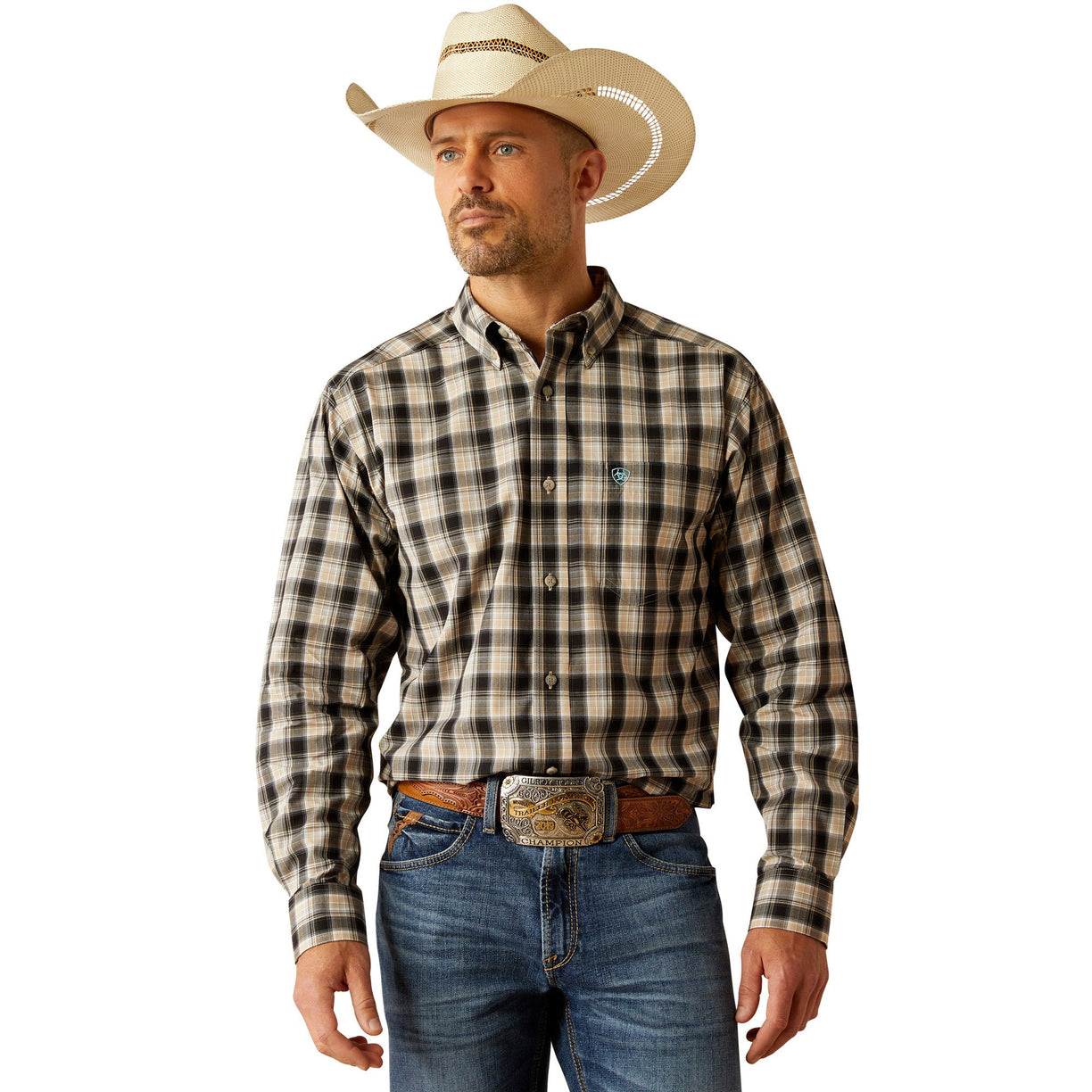Ariat Men's Pro Series Garrett Classic Fit Shirt in beige and white pattern - Front