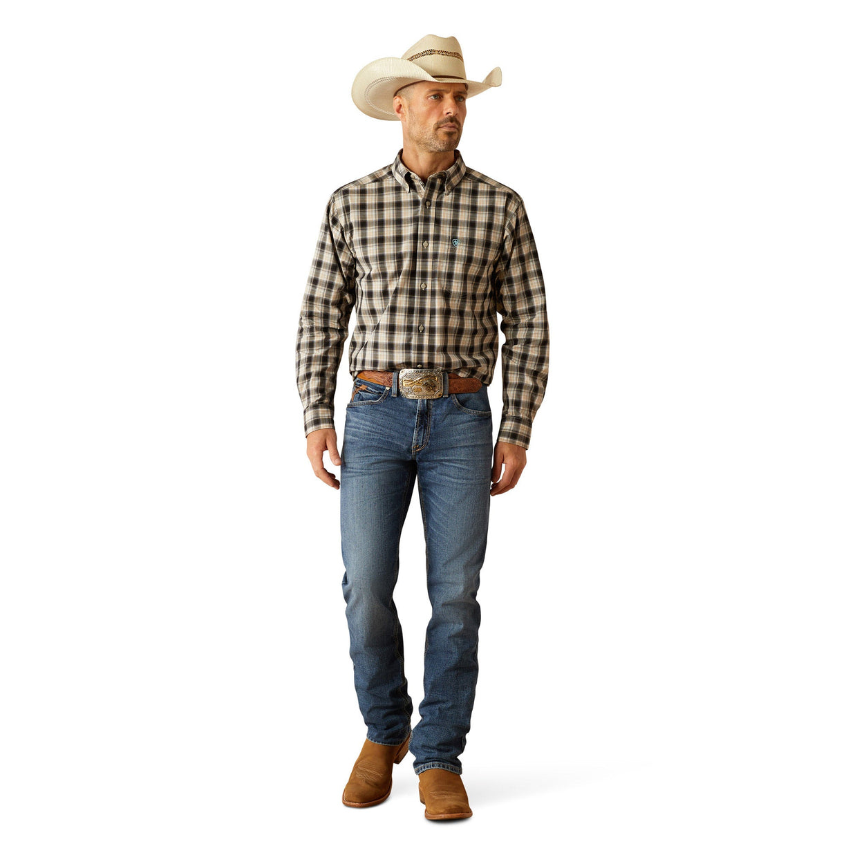 Ariat Men's Pro Series Garrett Classic Fit Shirt in beige and white pattern - Full