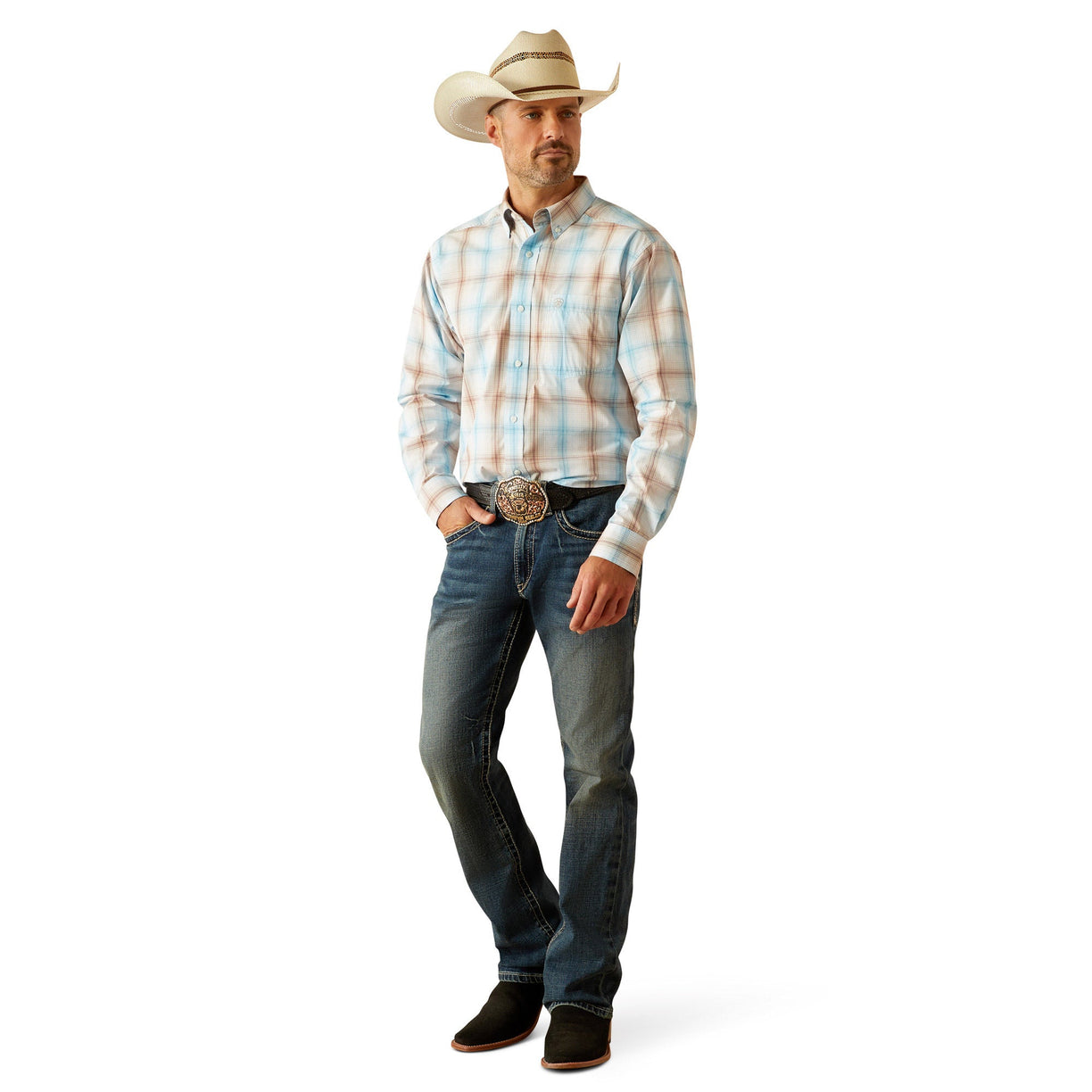 Ariat Men's Pro Series Grady Classic Fit Shirt in white, brown and blue pattern - Full