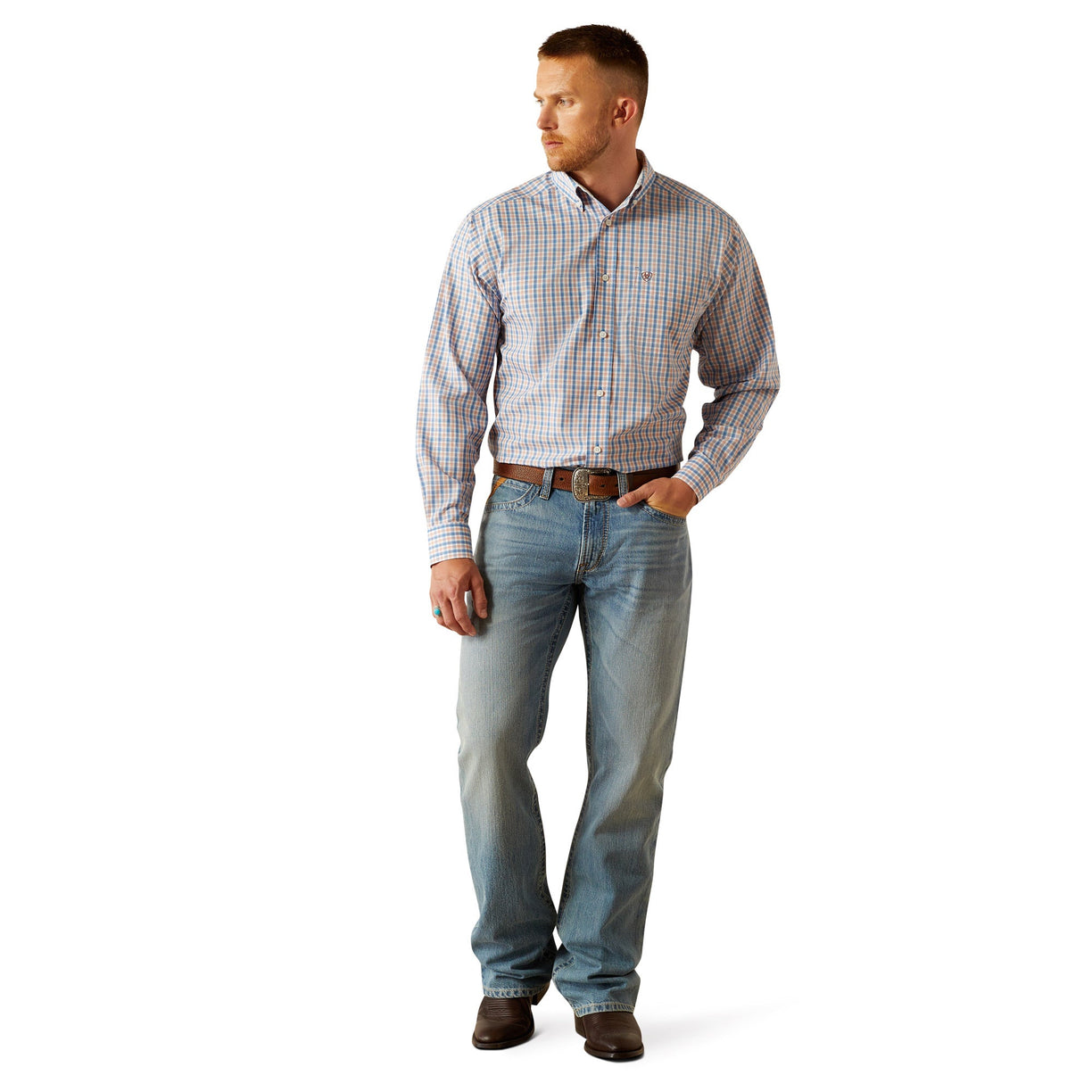Ariat Men's Wrinkle Free Aaron Classic Fit Shirt in blue and red pattern - Full
