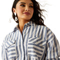 Ariat Women's Baggy Button Up Shirt in blue and white stripe pattern - Detail